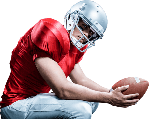 American football player in helmet holding ball on transparent background