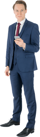 Transparent Confident Businessman Holding Smartphone in Blue Suit