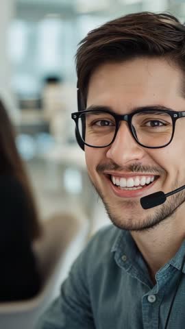 Smiling Call Center Agent Responding to Incoming Call Adjusting Headset Mic - Vertical Video