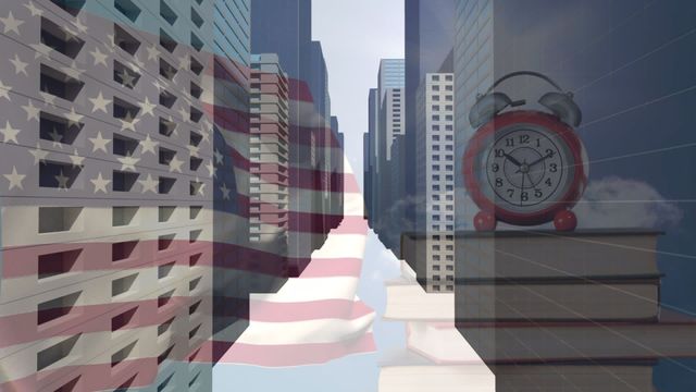 American flag waving over a modern high-rise city background, representing patriotism, urban development, and architecture. Suitable for use in projects related to national pride, urbanization, real estate developments, and business in American cities. Ideal for presentations, promotional materials, and educational content highlighting American culture or city planning.