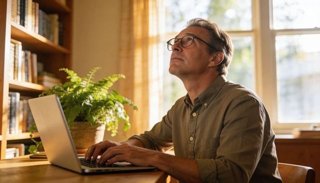 Contemplative man typing at sunlit home desk, wearing glasses, cozy workspace with plants