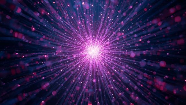 Radiating magenta-violet energy burst pulsing with particle beams and hexagonal flares