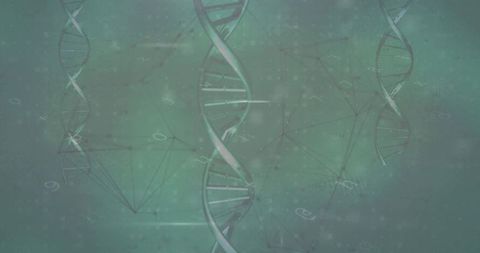 Dna double helix entwined with data network in teal green molecular technology abstract