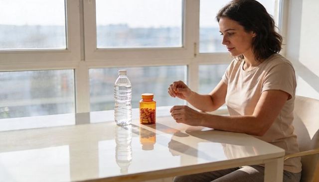 Woman taking daily vitamins at sunlit table with pill jar and water in minimalist home