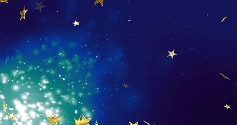 Glowing metallic gold stars drifting across green nebula burst on deep blue background
