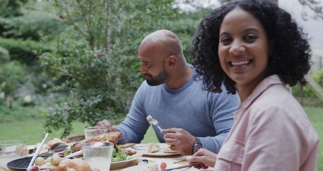 Happy Couple Enjoying Outdoor Meal in Garden - Download Free Stock Images Pikwizard.com