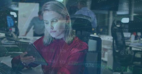 Businesswoman Analyzing Data on Tablet in Office Environment