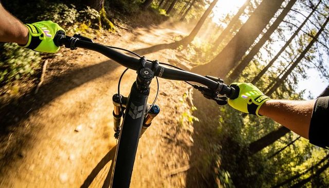 Riding mountain bike down sunlit pine singletrack while gripping neon gloves