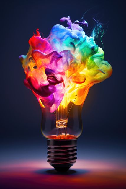 Conceptual art depicting a light bulb emitting vibrant, colorful smoke. Ideal for illustrating ideas related to creativity, imagination, and innovation. Perfect for use in advertisements, inspirational posters, and editorial content celebrating artistic expression and unique thinking.