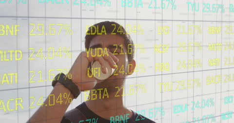 Man Drinking Coffee with Stock Market Display Overlay