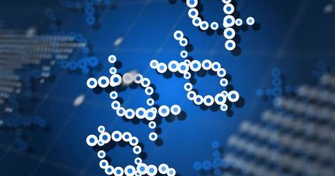 Futuristic digital network of linked white ring nodes on deep blue gradient for technology