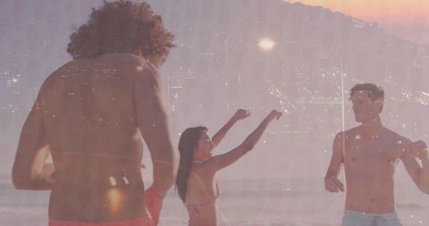 Sunset Beach Fun with Friends in Energetic Coastal Setting