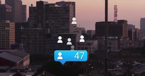 Social notification bubble rising over dusk city skyline showing follower count increasing