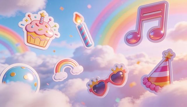 Floating pastel party stickers drifting above clouds with cupcake rainbows and music note