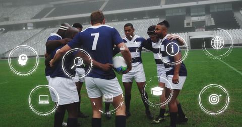 Diverse Rugby Team Strategizing with Digital Overlay