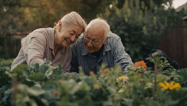 Elderly Couple Gardening with Greenery and Flowers in Backyard