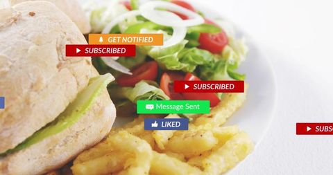Featuring sandwich salad and fries with social media notifications for food branding mockup