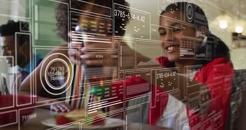 Mother pouring syrup while daughter reaching for waffles at family breakfast with AR interface overl