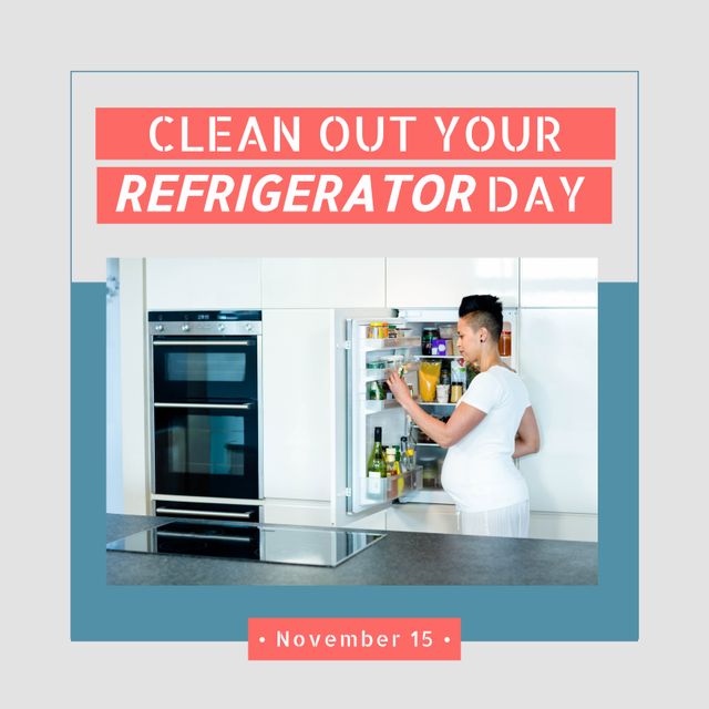 This image displays a pregnant woman organizing her fridge on 'Clean Out Your Refrigerator Day' on November 15. It can be used for promoting hygiene tips, annual events focused on homemaking, and awareness campaigns regarding cleanliness and health. Ideal for websites, social media posts, and blogs centered around homemaking, parenthood, and household management.