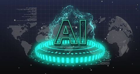 Futuristic AI Concept with Holographic Interface and Digital Globes