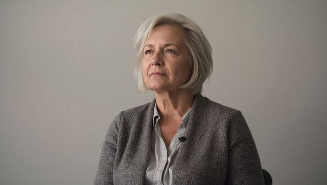 Contemplating senior woman with silver hair wearing grey cardigan and light blouse