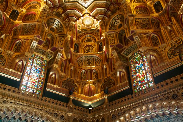 Depicts a magnificent interior view of a grand palace with a highly intricate golden ceiling and brilliant stained glass windows. The architectural beauty is highlighted by ornate details and rich patterns. Ideal for illustrating luxury, historical architecture, exotic locations, cultural heritage, and artistic craftsmanship.