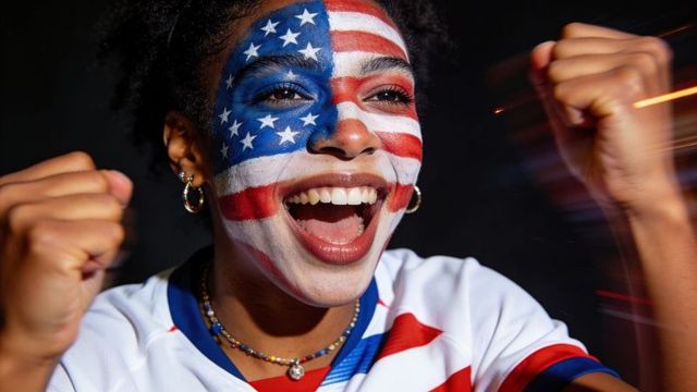 Joyful fan celebrating with american flag face paint and raised fists