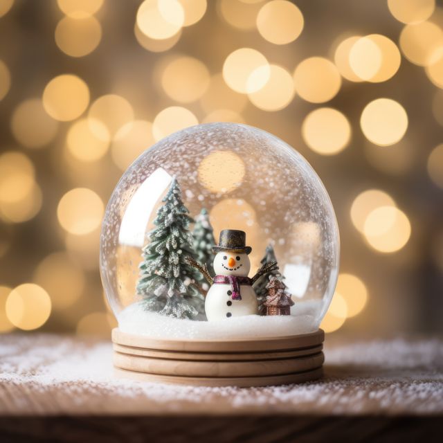 Snowman and trees in christmas snow globe with bokeh lights, created using generative ai technology. Christmas, winter season, tradition, decoration and celebration concept digitally generated image.