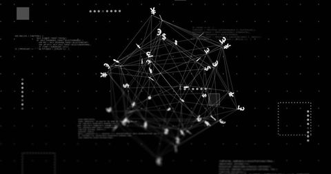 Rotating 3D Wireframe Network of Currency Symbols Pulsing on Dark Finance Data Grid