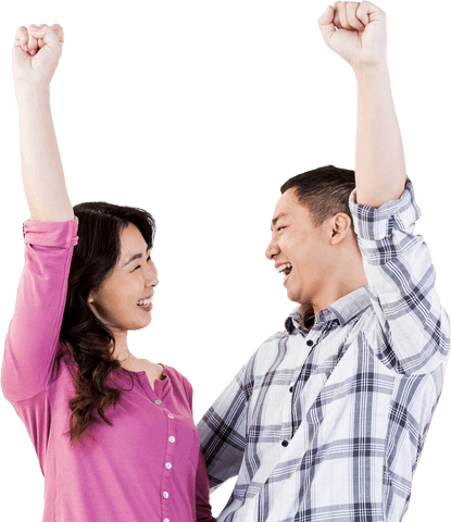 Cheerful Asian Couple Celebrating in Joyful Transparent Encounter