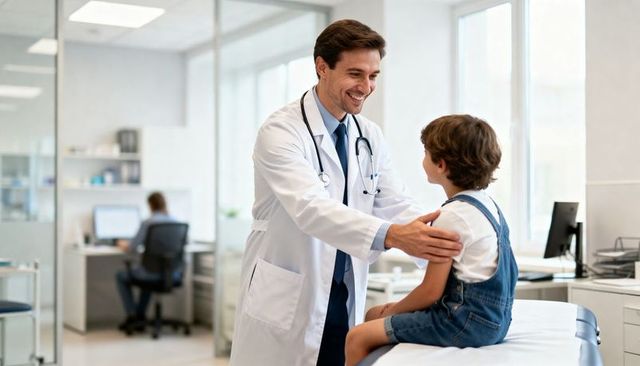 Smiling Pediatrician Comforting Child on Exam Table in Modern Clinic