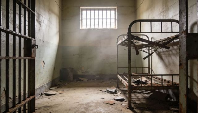 Abandoned prison cell with rusted collapsing bunk bed, sunlit barred window, derelict concrete walls