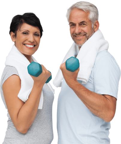 Energetic Mature Couple Exercising with Dumbbells Transparent Background