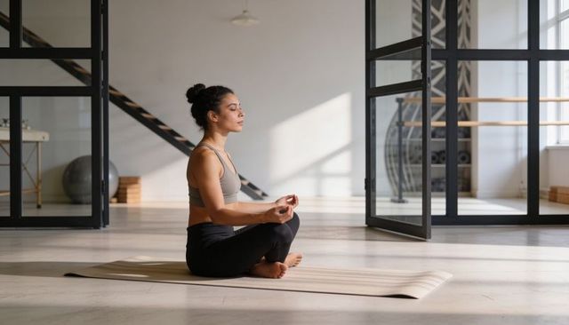 Sunlit studio meditation practicing mindfulness: woman sitting cross-legged on yoga mat