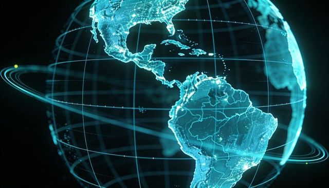Holographic Globe Showing Global Data Flow and Coastal Light Networks in Cyan Neon Tech