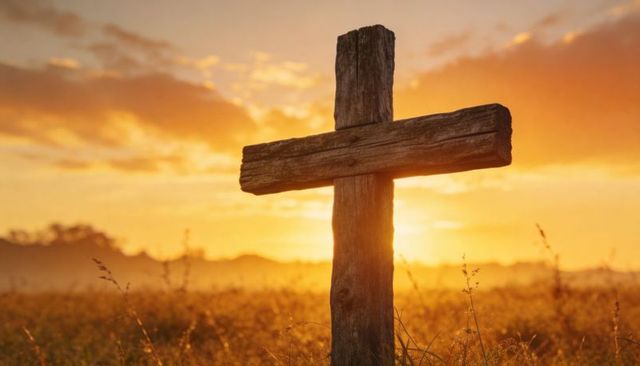 Weathered wooden cross standing in golden sunset meadow with backlit silhouette