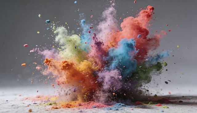 Exploding Multicolor Powder Burst Creating Vibrant Pigment Cloud and Dust Particles