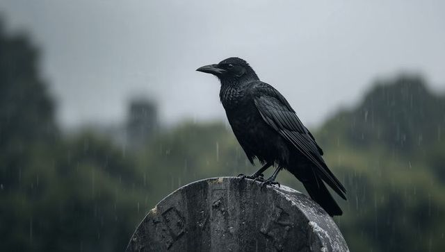 Gothic Crow Perched in Rainy Cemetery Setting