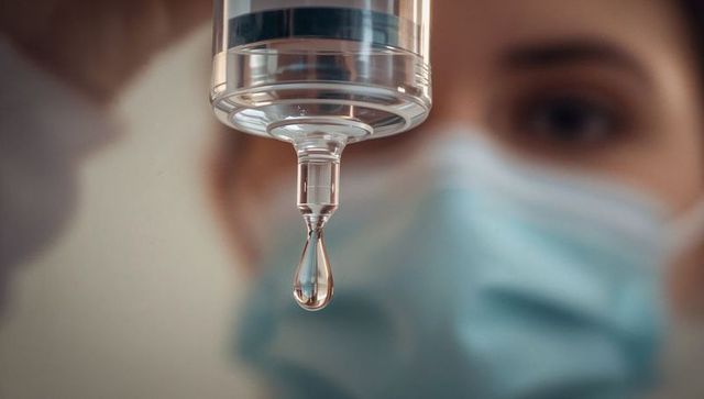 Close-up iv drip chamber forming droplet with blurred masked clinician in background