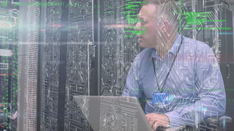 Engineer Working in Server Room with Circuit Overlay