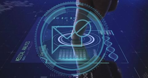 Futuristic medical holographic interface being controlled by fingertip