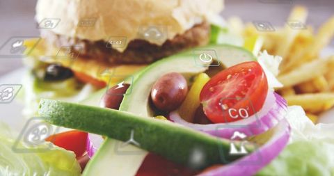 Vibrant avocado salad featuring burger and fries with floating digital ui overlay