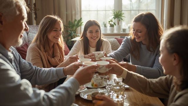 Multigenerational family enjoying afternoon tea and clinking china cups at cozy dining table