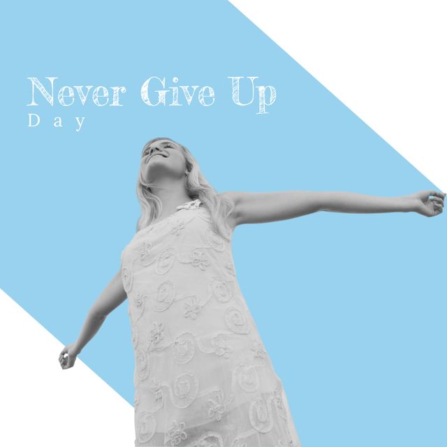 Caucasian woman with arms wide open and never give up day text over blue banner on white background. Never give up day text awareness concept