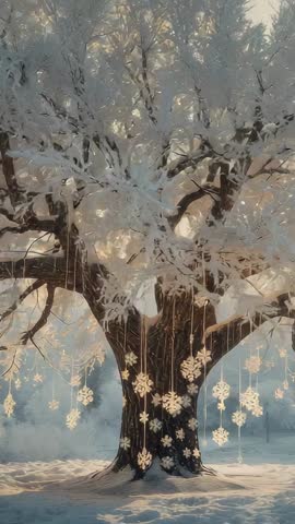 Vertical Panning Video of Frosty Tree with Hanging Illuminated Snowflake Ornaments