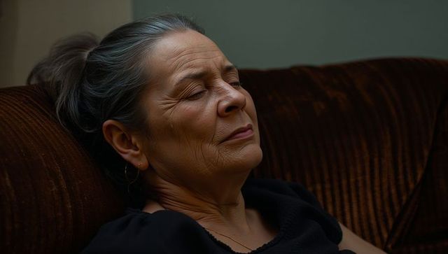 Reclining senior woman resting peacefully on brown corduroy sofa, eyes closed, calm