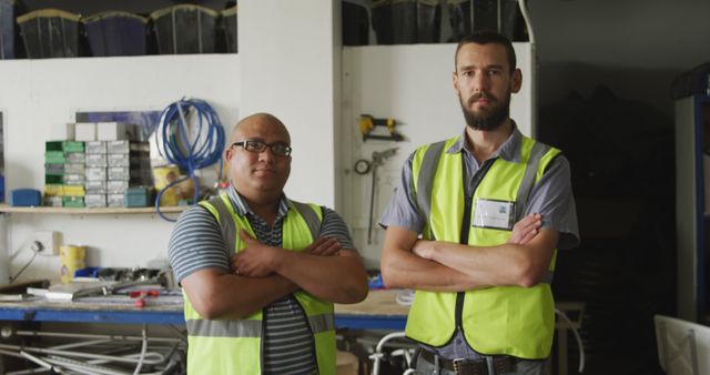 Biracial and young Caucasian men stand confidently in a workshop. Their safety vests suggest they are professionals in a construction or industrial setting.