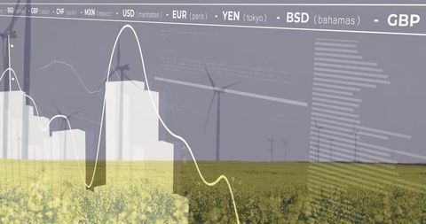 Wind farm with financial graph and currency symbols overlay