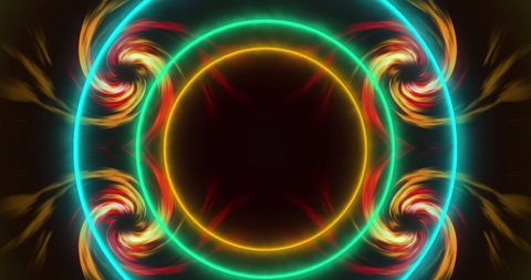 Vibrant Neon Circles and Fiery Spiral Abstract Art