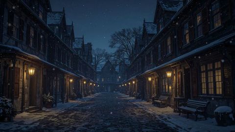 Snow-Laden Historic Village Alleyway Illuminated by Lanterns